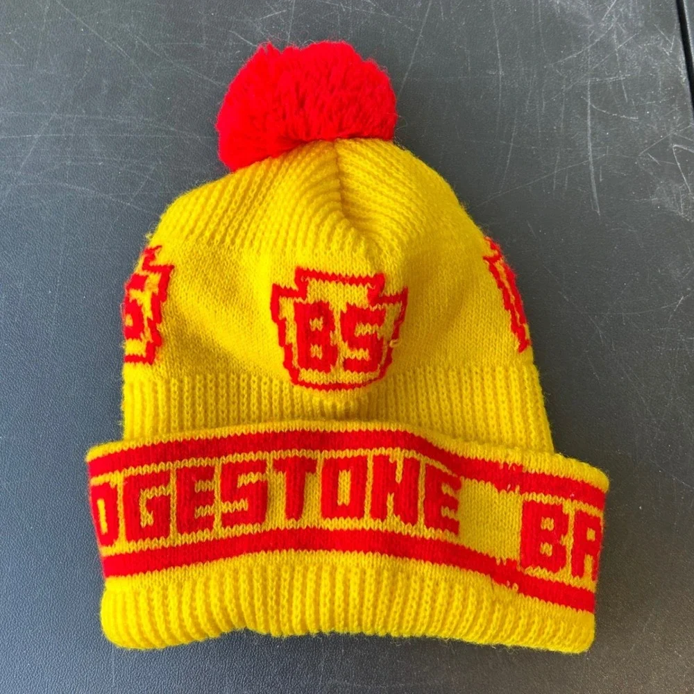 Vintage Bridgestone Beanie Hat Yellow Red Pom Pom Knit Winter Ski